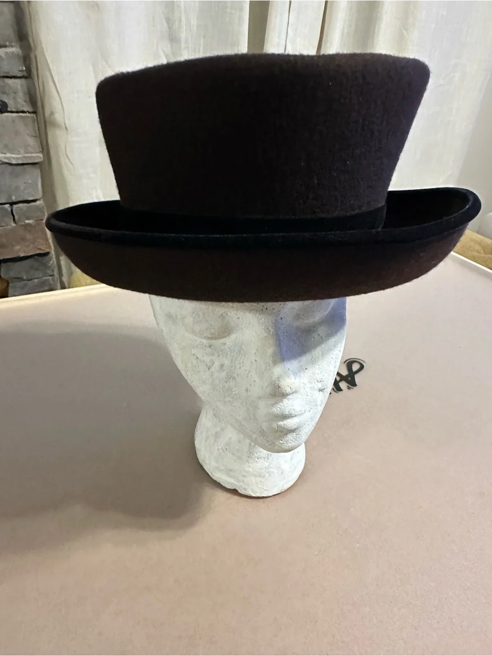 Eric Javits Brown Wool Hat with Black Ribbon Tag flat top - Picture 2 of 7